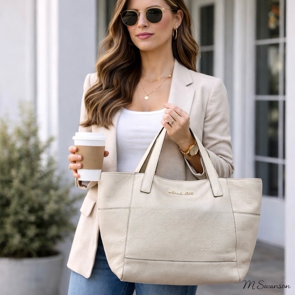 Michael Kors Ashbury Large Grab Bag Tote Ecru Pebbled Leather Work Travel Bag